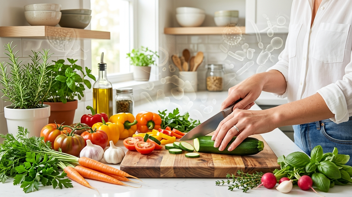 Hands preparing fresh vegetables in a clean kitchen with subtle visual cues representing invisible food-associated microbes.