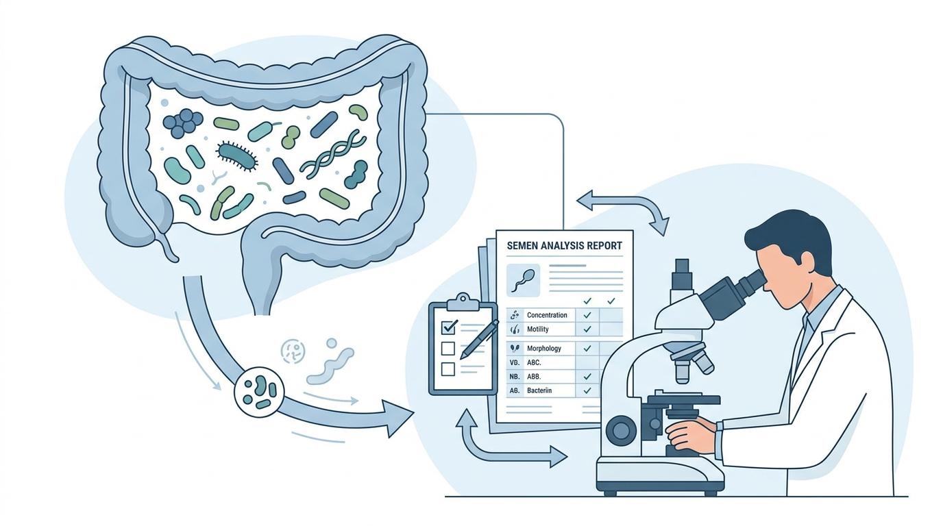 Gut microbiome concept beside a semen analysis report and microscope.