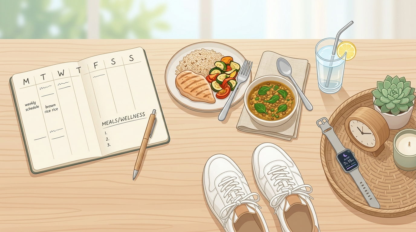 Weekly digestion pattern calendar with meals, hydration, sleep, and movement cues.
