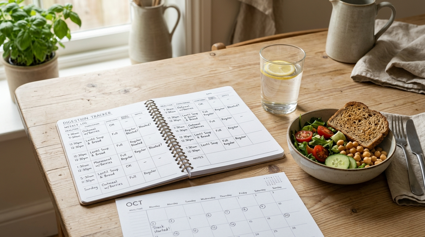 Weekly digestion tracking notebook with meals, water, and calendar pages.