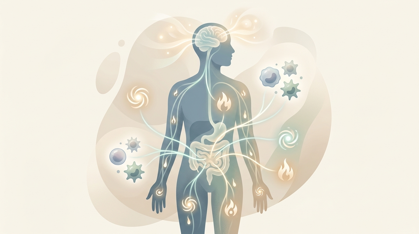 Illustration of gut signals connecting digestion with the brain, immune system, and energy.