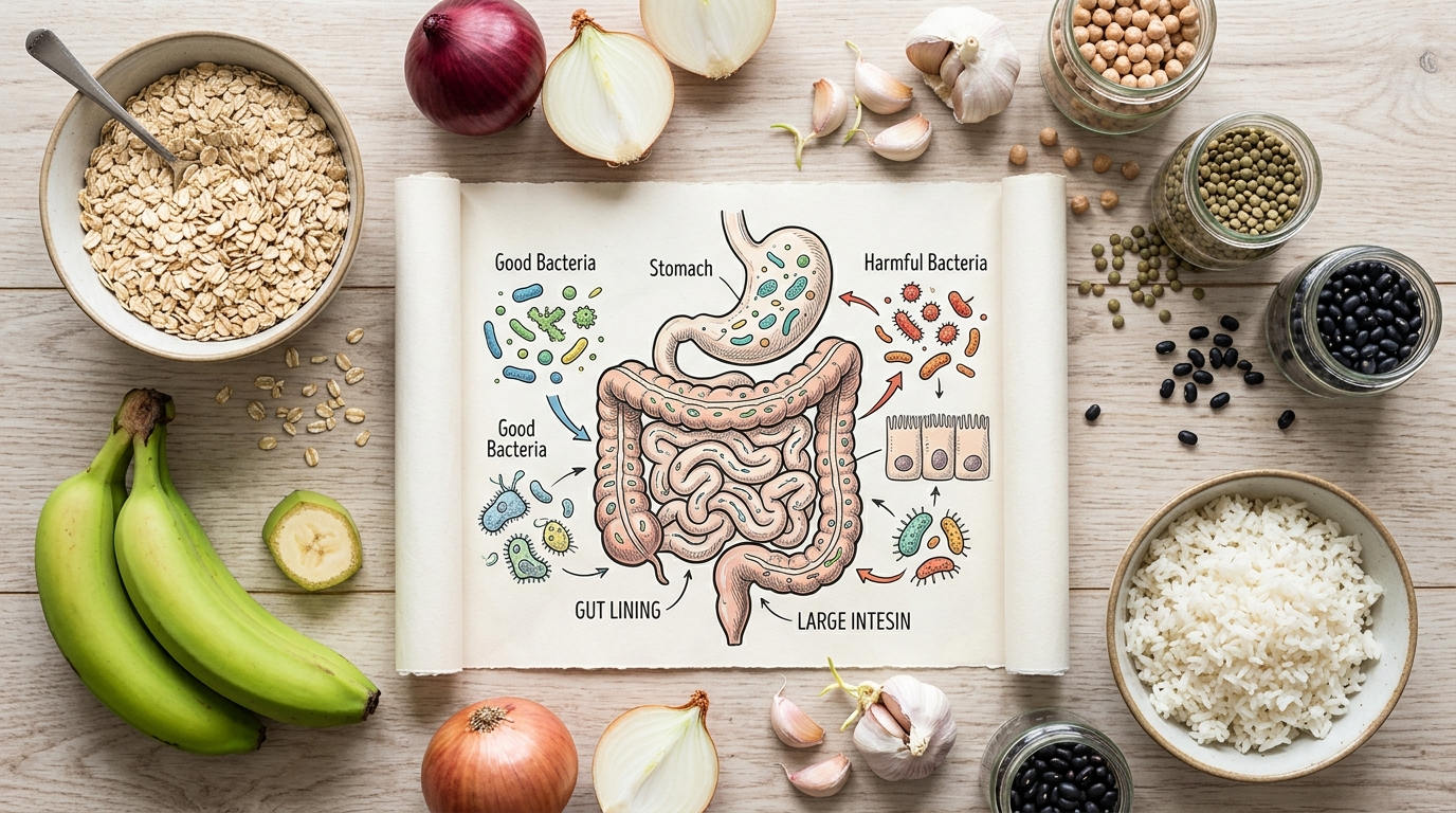 Prebiotic foods including oats, green bananas, onions, garlic, legumes, and cooled rice