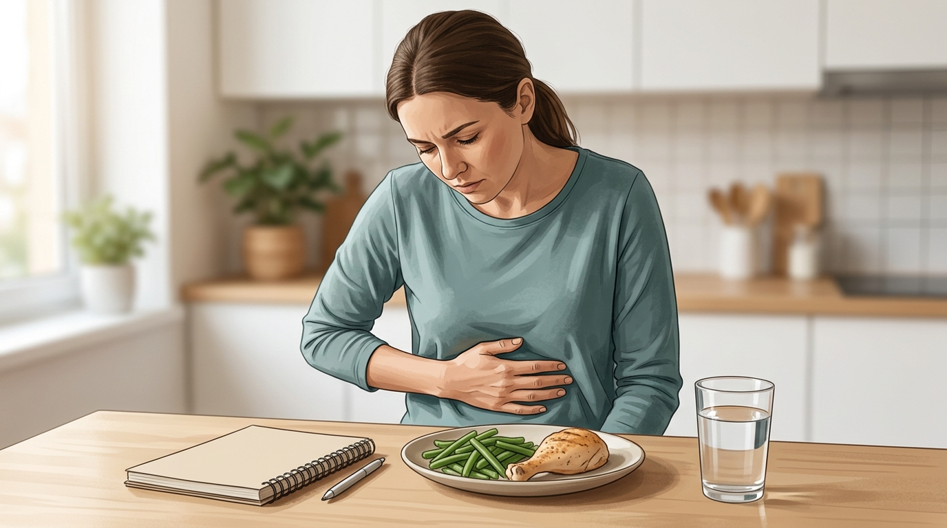 Person tracking upper indigestion symptoms with a notebook at a kitchen table.