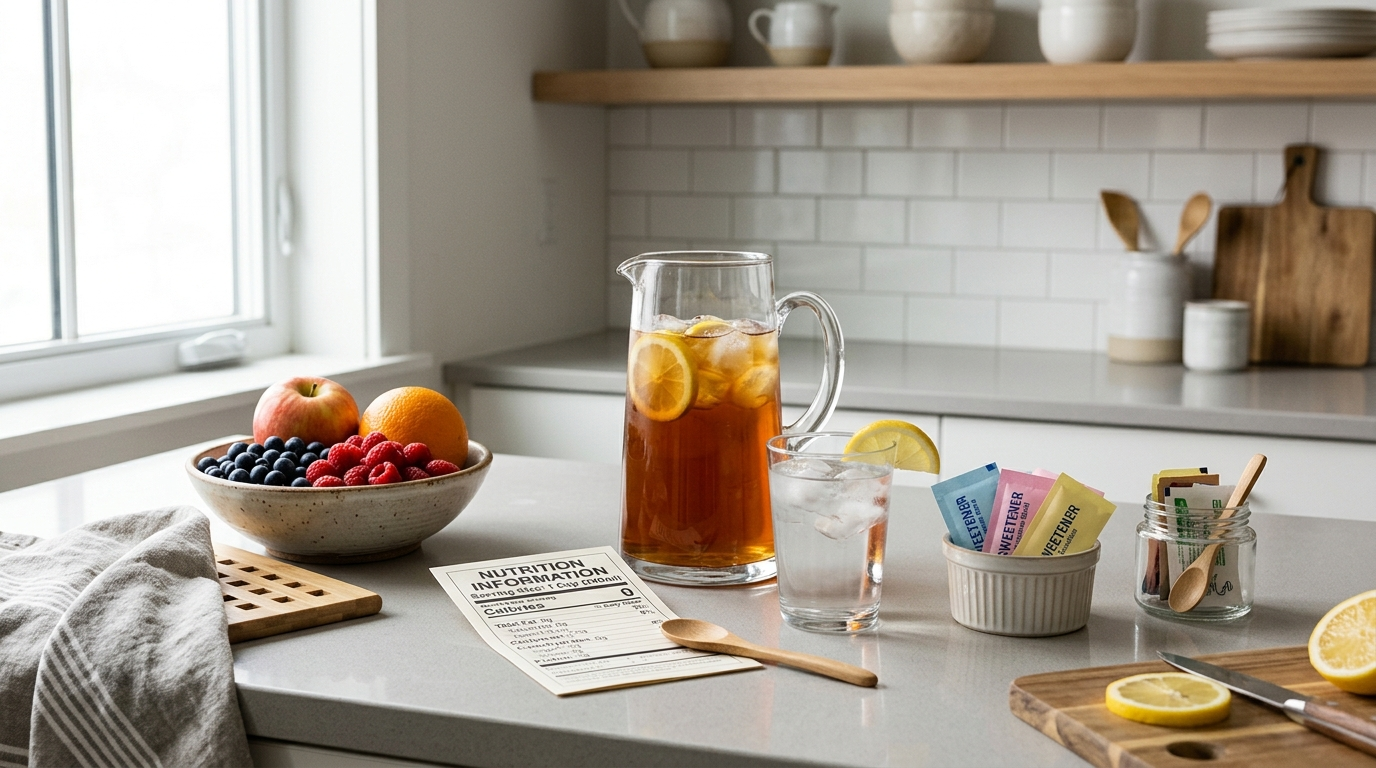Kitchen counter with water, fruit, tea, nutrition label, and generic sweetener packets.