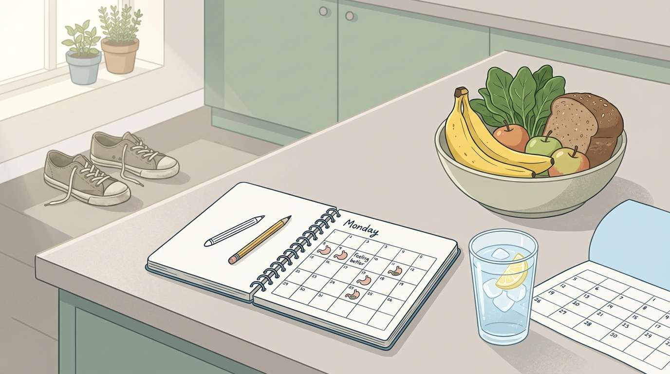 Symptom tracking notebook, water glass, calendar, and everyday foods for understanding bloating after 40.
