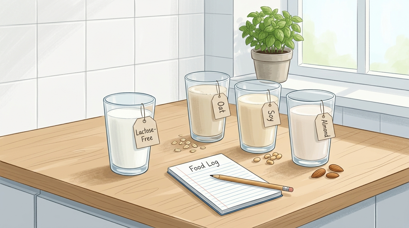 Lactose-free milk and non-dairy alternatives beside a food log for tracking digestive symptoms.