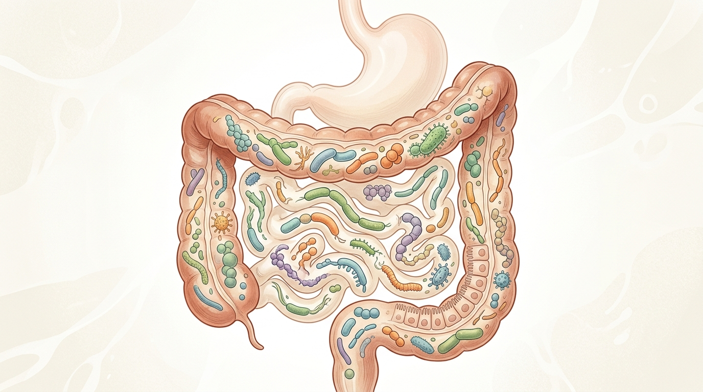 Educational illustration of the gut microbiome as a diverse microbial ecosystem.