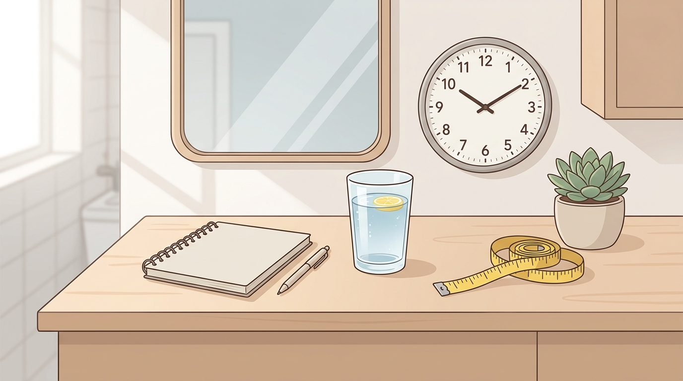 Measuring tape, meal journal, water glass, and clock used to track whether belly size changes are bloating or longer-term weight change.