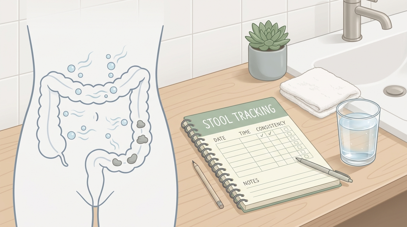 Educational illustration of abdomen bloating cues, a stool tracking notebook, and water for digestive pattern tracking.
