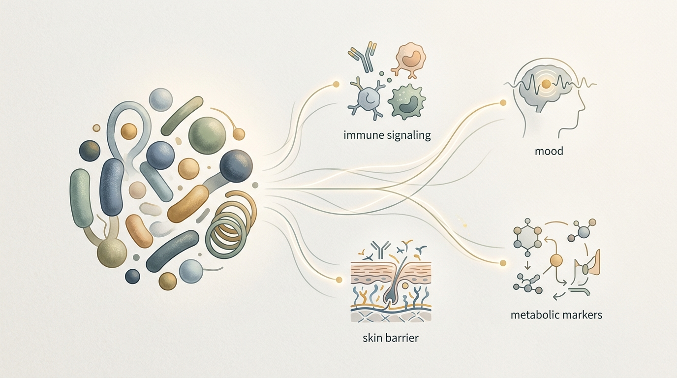 Abstract microbiome illustration connected to immune, mood, skin, and metabolic health concepts.