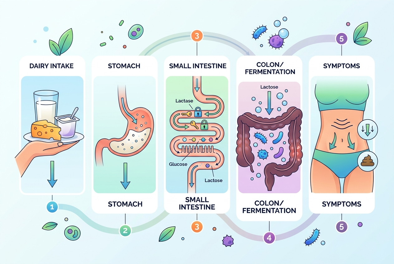 Diagram showing how lactose can move through digestion and trigger symptoms.
