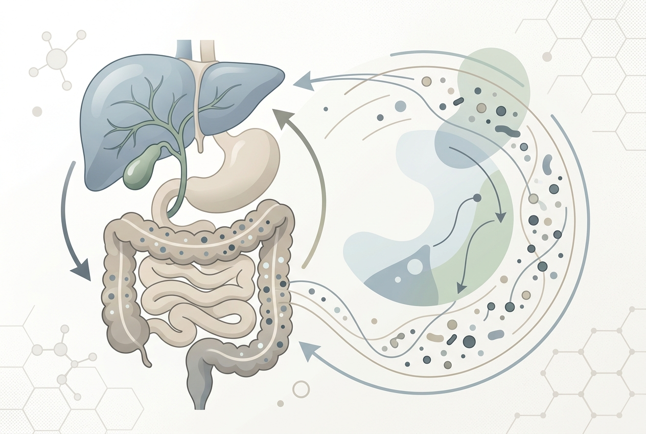 Abstract diagram of liver, intestine, bile flow, and gut microbes involved in estrogen metabolism.