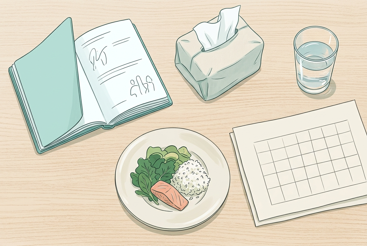 Symptom diary setup for tracking meals, allergy exposure, reflux, and throat symptoms.