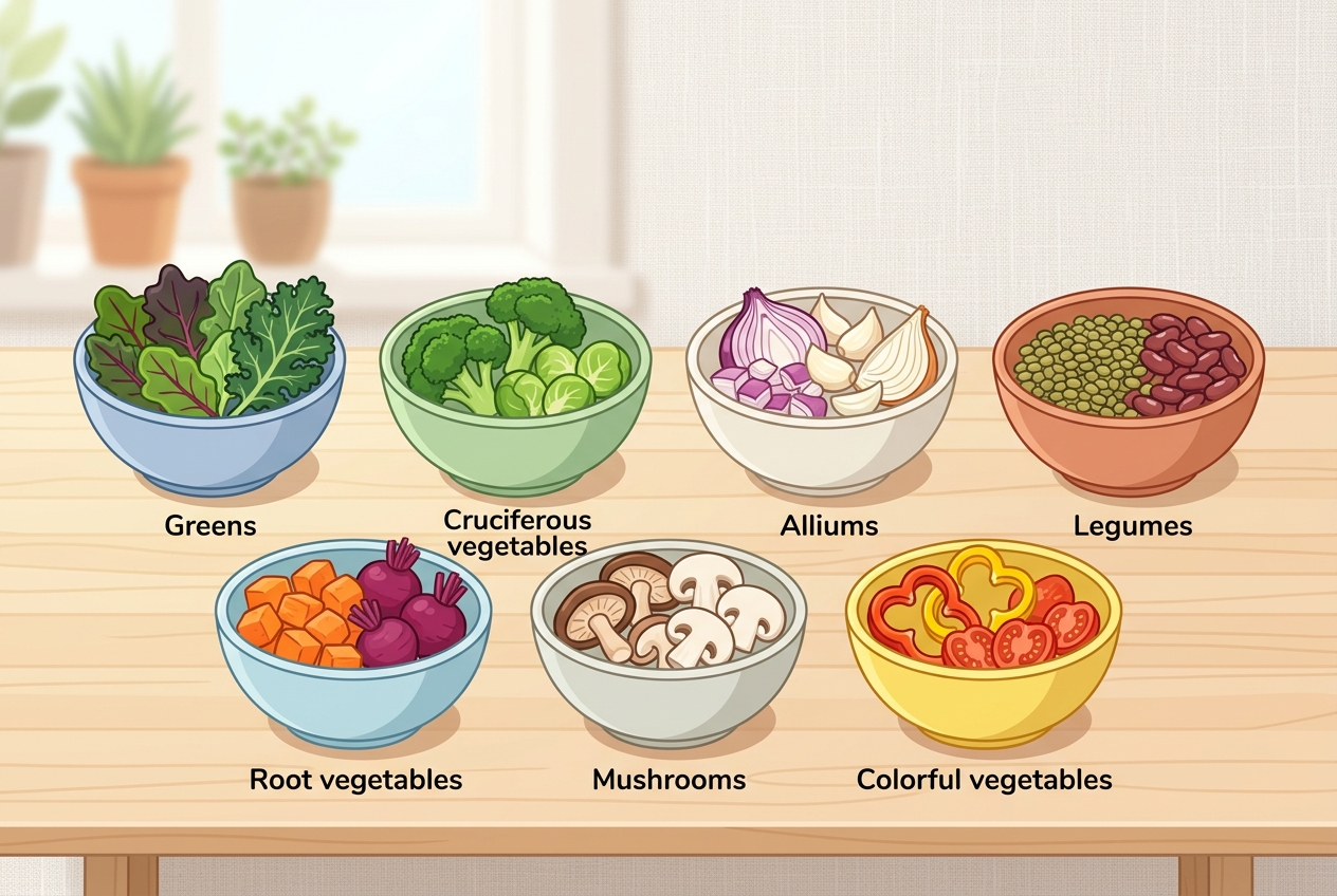 Seven vegetable categories that provide different fibers and polyphenols for gut microbes