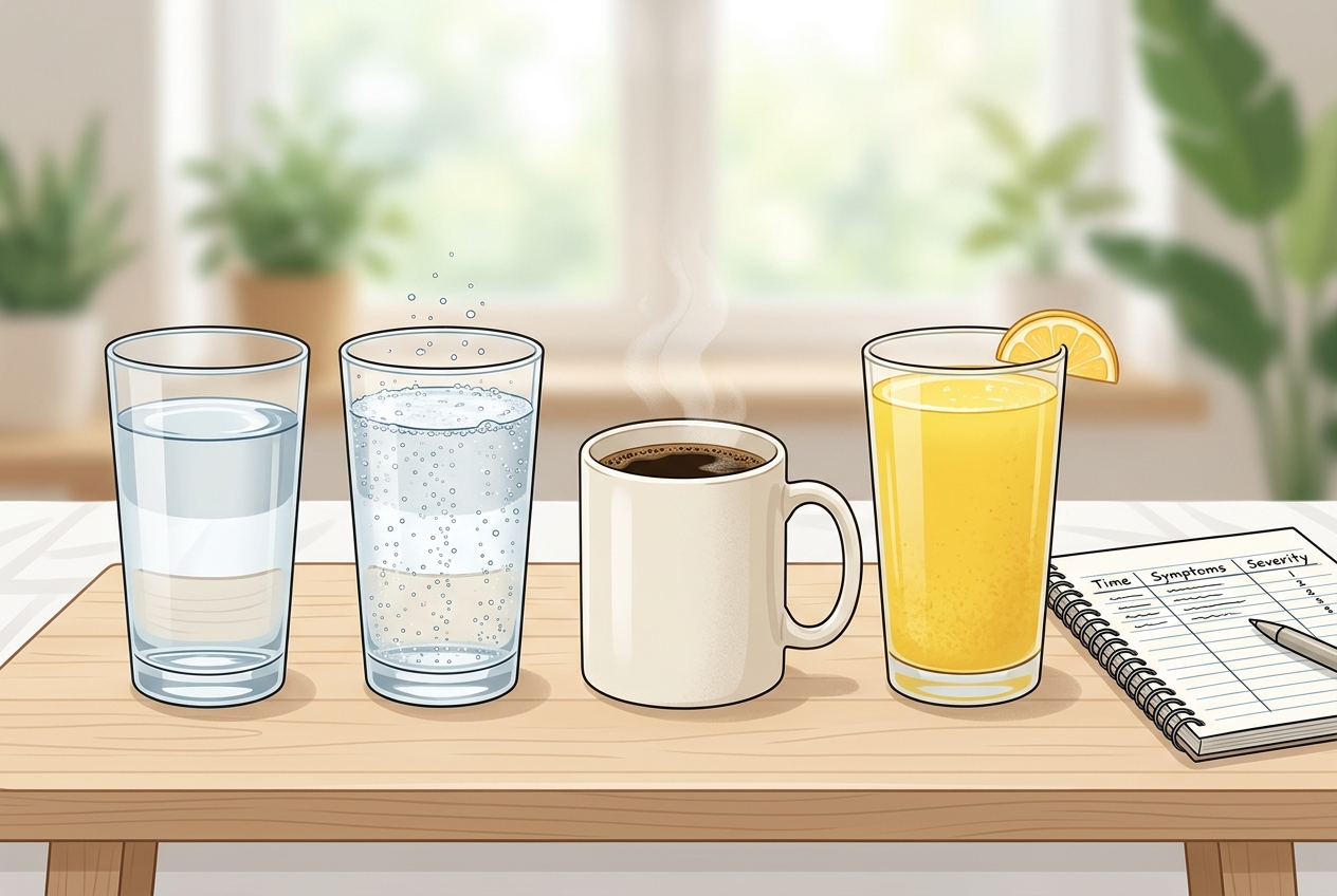 Common drinks arranged for comparing hydration and acid reflux triggers.