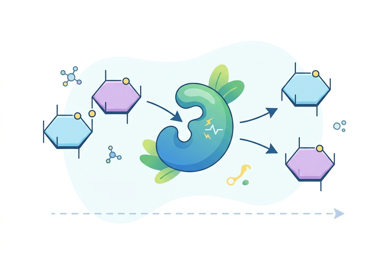Diagram showing lactase enzyme breaking lactose into glucose and galactose.