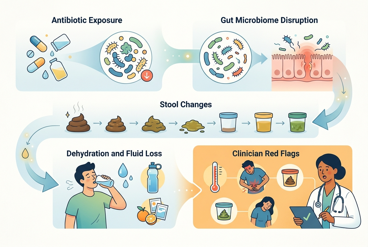 Diagram explaining how antibiotics can affect gut bacteria, stool changes, hydration, and red flags.