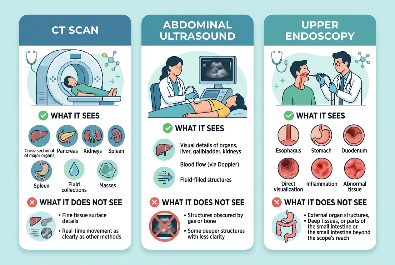 Infographic comparing CT scan, abdominal ultrasound, and upper endoscopy by what each test can evaluate.