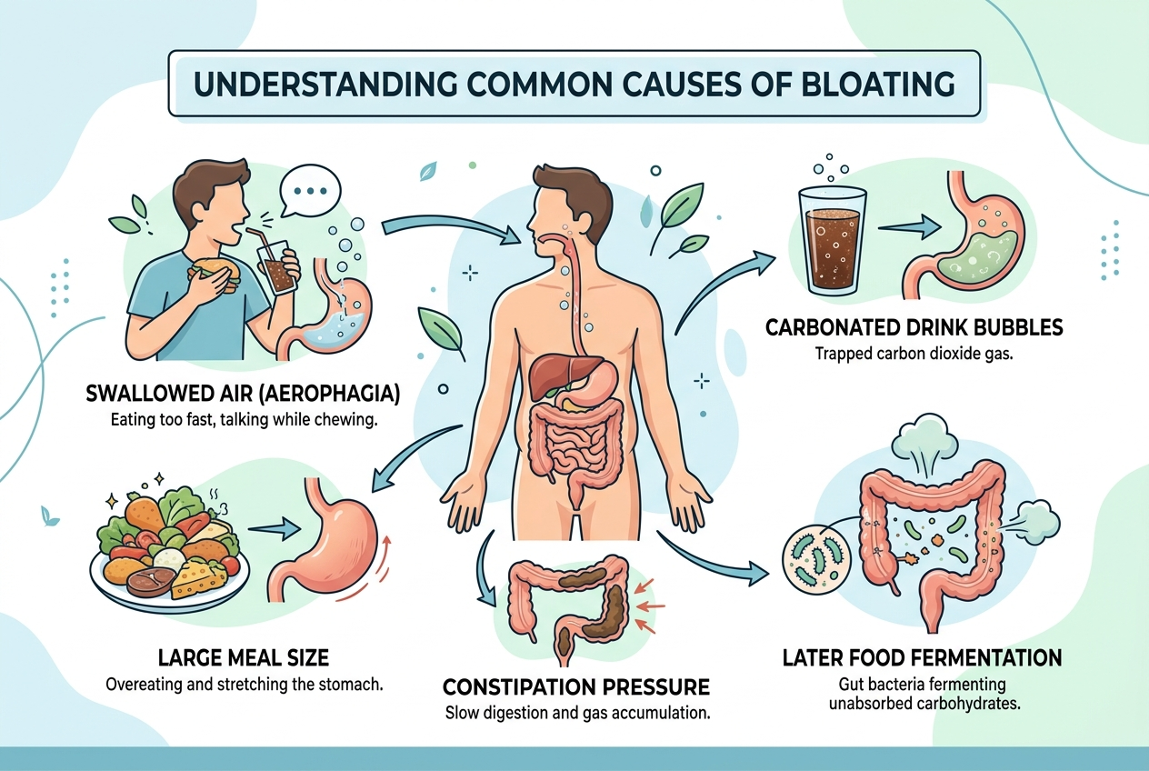 Infographic showing swallowed air, carbonation, meal size, constipation, and fermentation as bloating timing factors.