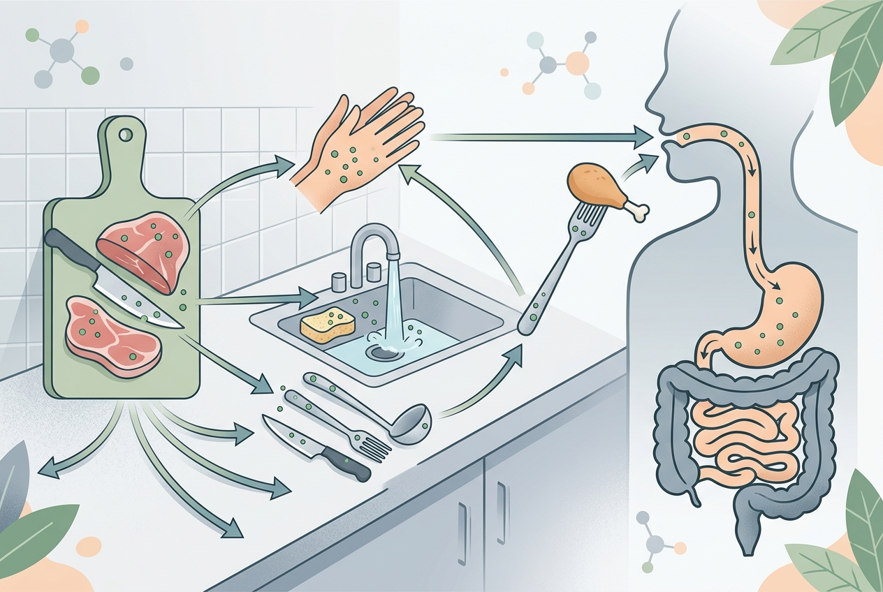 Diagram-style illustration of how food preparation can move microbes from food to hands, surfaces, and the mouth.