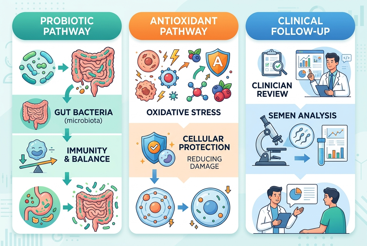 Comparison graphic of probiotic, antioxidant, and clinical follow-up pathways for sperm quality research.