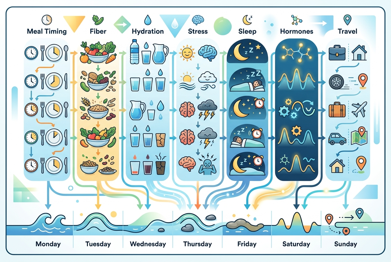 Diagram of weekly factors that can change digestion patterns.