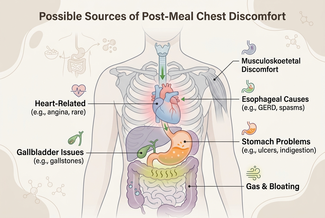 Diagram of possible causes of chest pain that comes after eating.