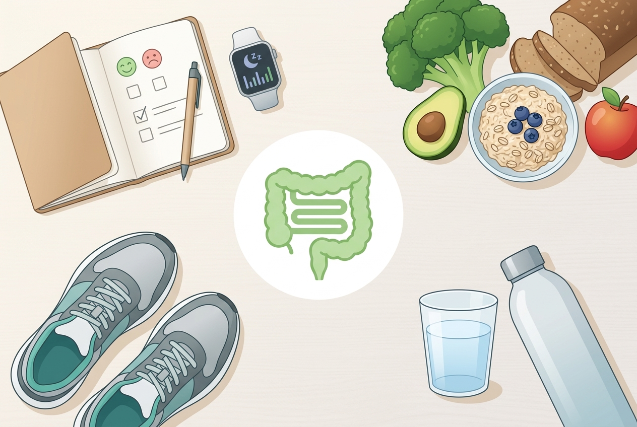 Gut-support habits including fiber foods, water, movement, sleep, and symptom tracking.