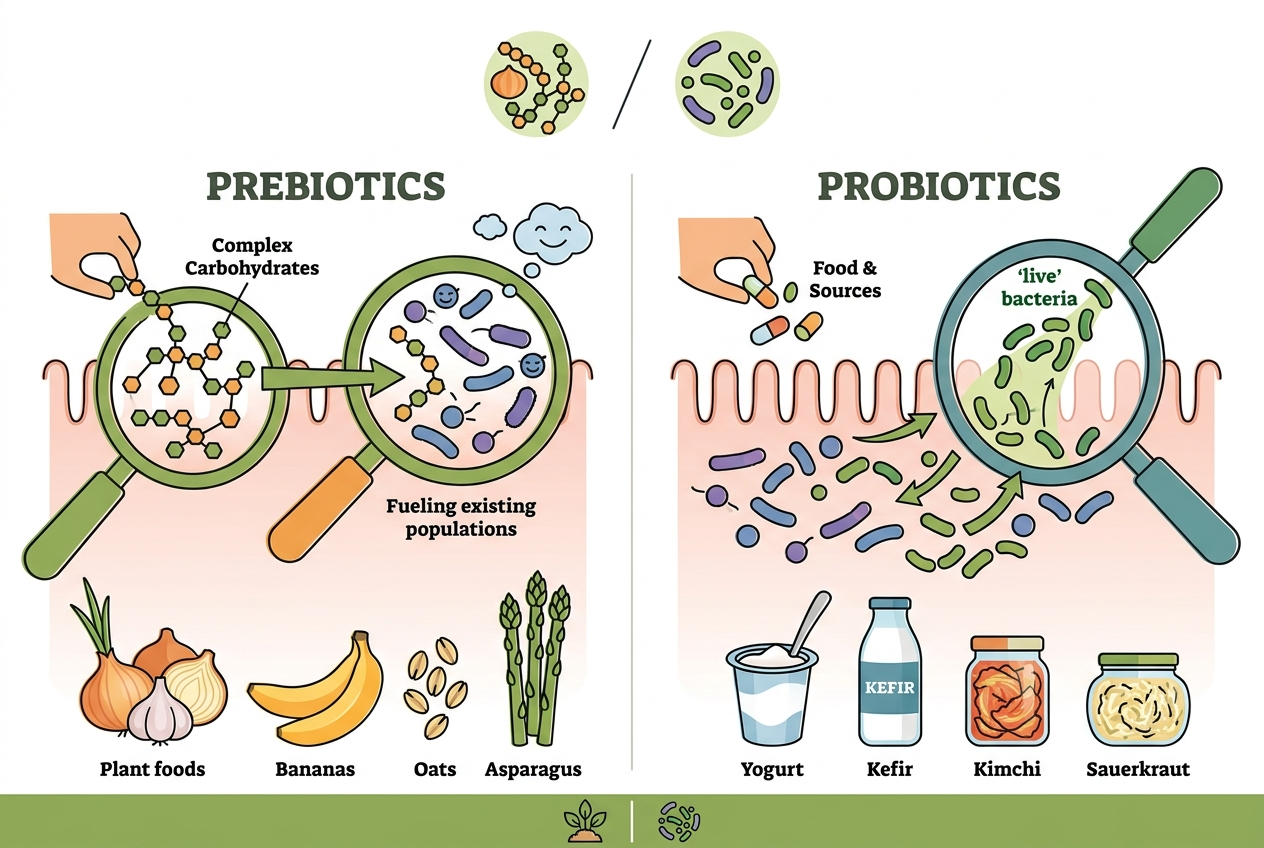 Illustration comparing prebiotics that feed microbes with probiotics that add live microbes