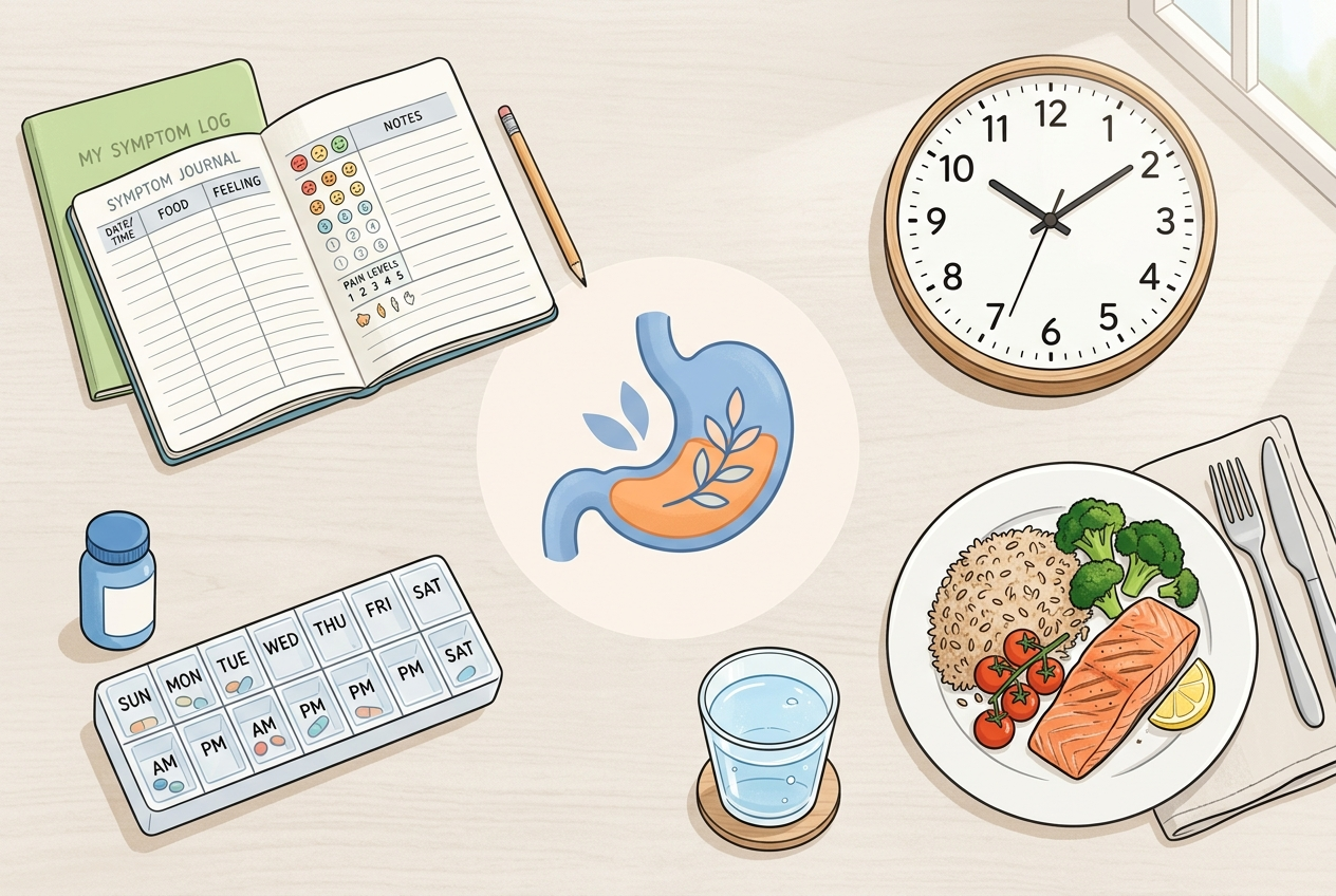 Upper indigestion tracking tools including meal timing, medication timing, and symptom notes.