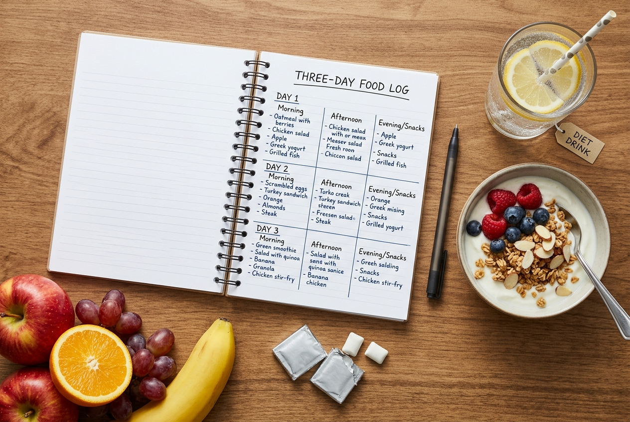 Food log beside sweetened foods and drinks for tracking artificial sweetener tolerance.