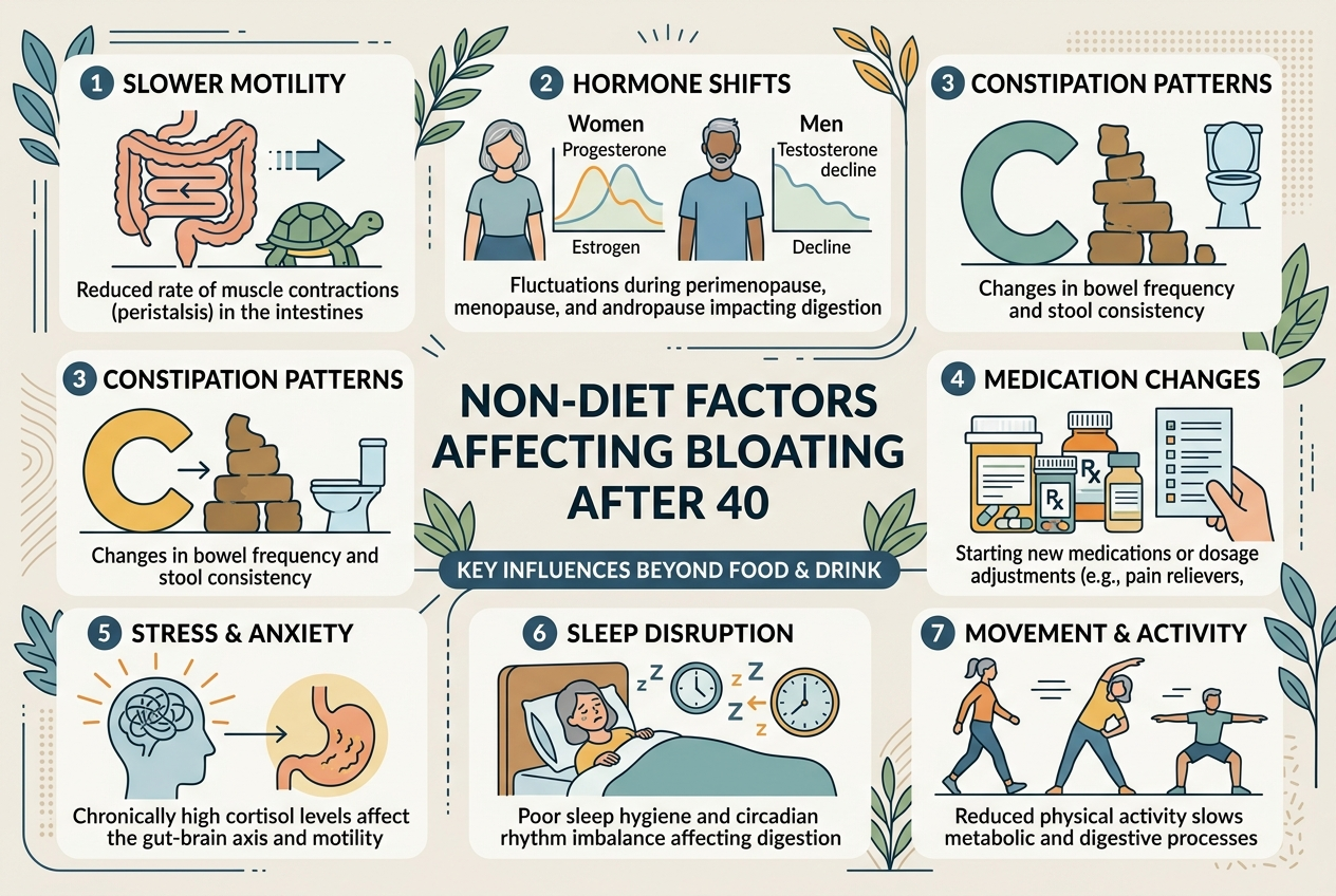 Infographic showing motility, hormones, constipation, medications, stress, sleep, and movement as bloating factors after 40.