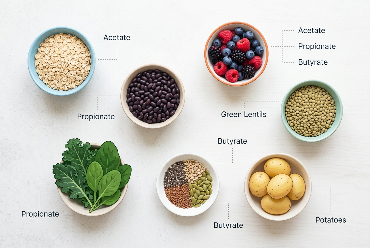 Fiber-rich foods linked to short-chain fatty acid production in the gut microbiome.