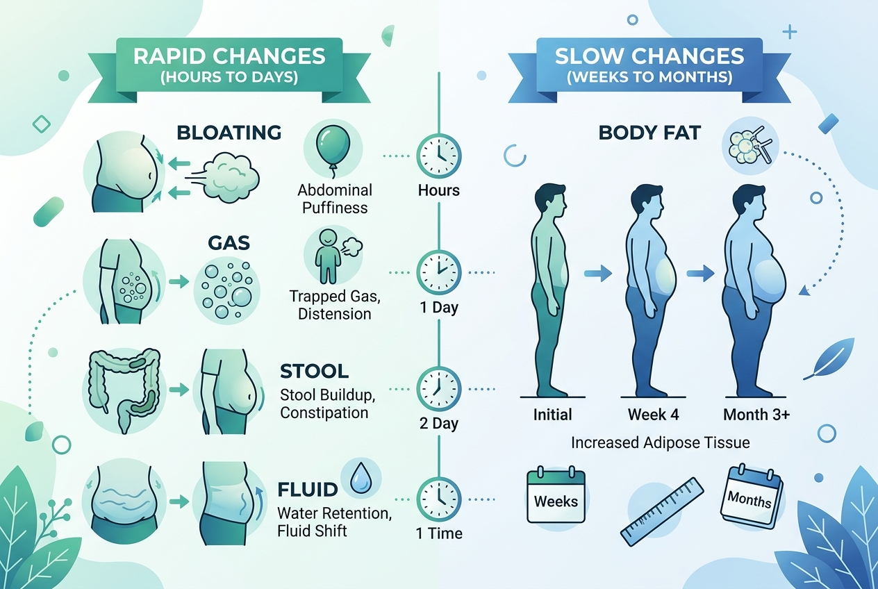 Infographic comparing short-term bloating patterns with slower body fat changes over time.