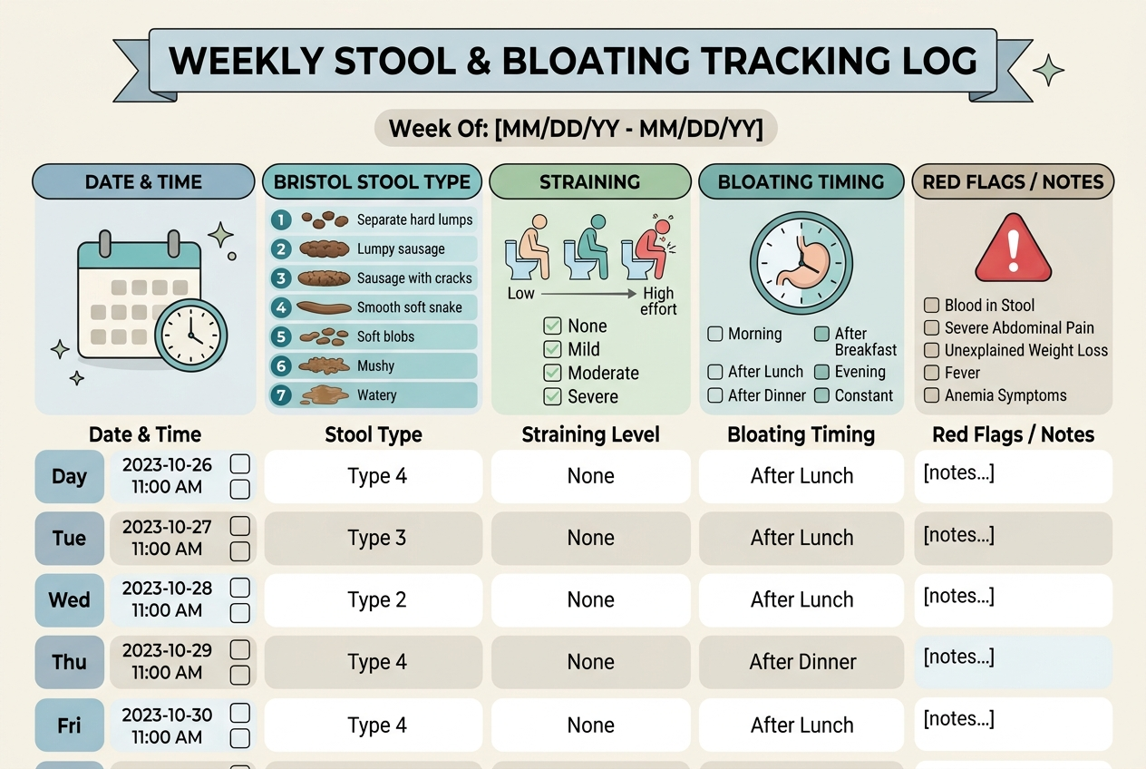 Digestive tracking log with Bristol stool type, straining, bloating timing, and red flag columns.