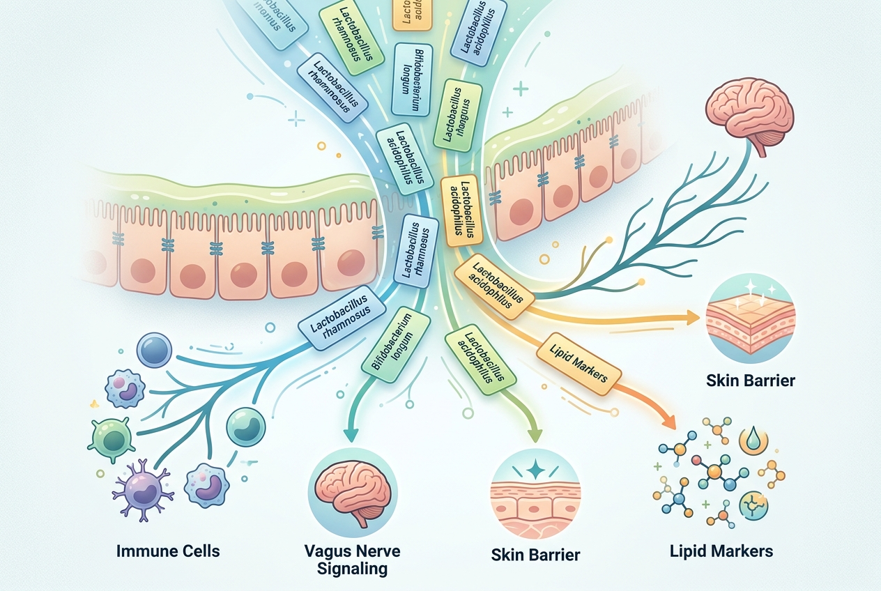 Visual guide showing how specific probiotic strains may connect with non-digestive body systems.