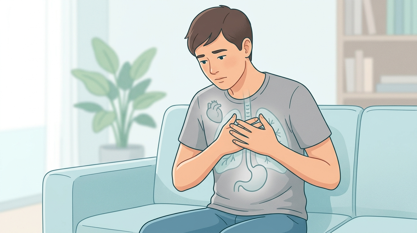 Person with chest discomfort shown with heart, lung, stomach, and esophagus icons