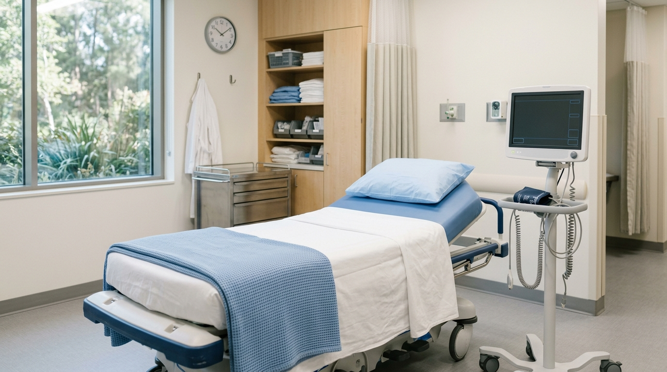 Calm outpatient upper-endoscopy preparation room with a procedure bed and monitoring equipment