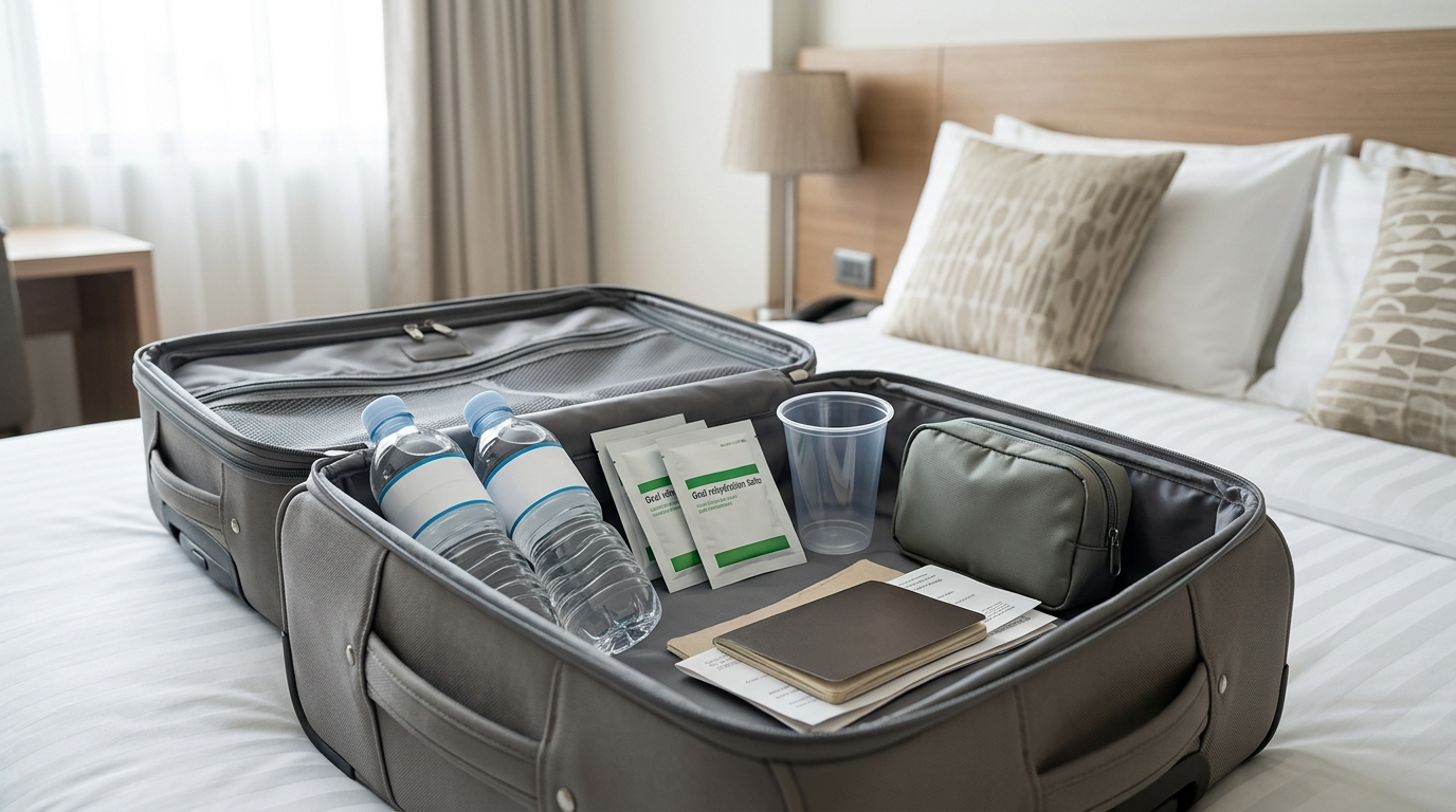 Travel health kit with sealed water, oral rehydration packets, and a cup beside an open suitcase.