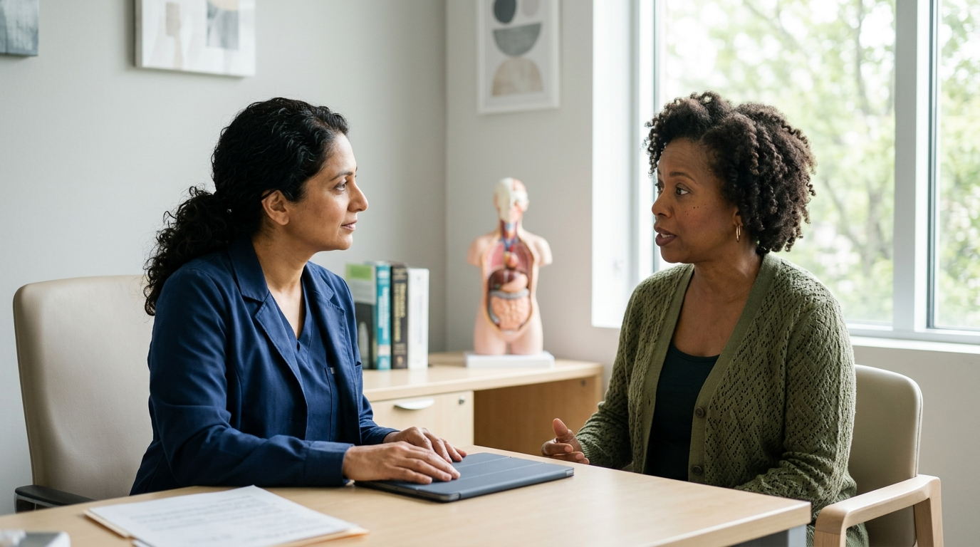 Patient discussing digestive symptoms with a gastroenterologist during a first office consultation