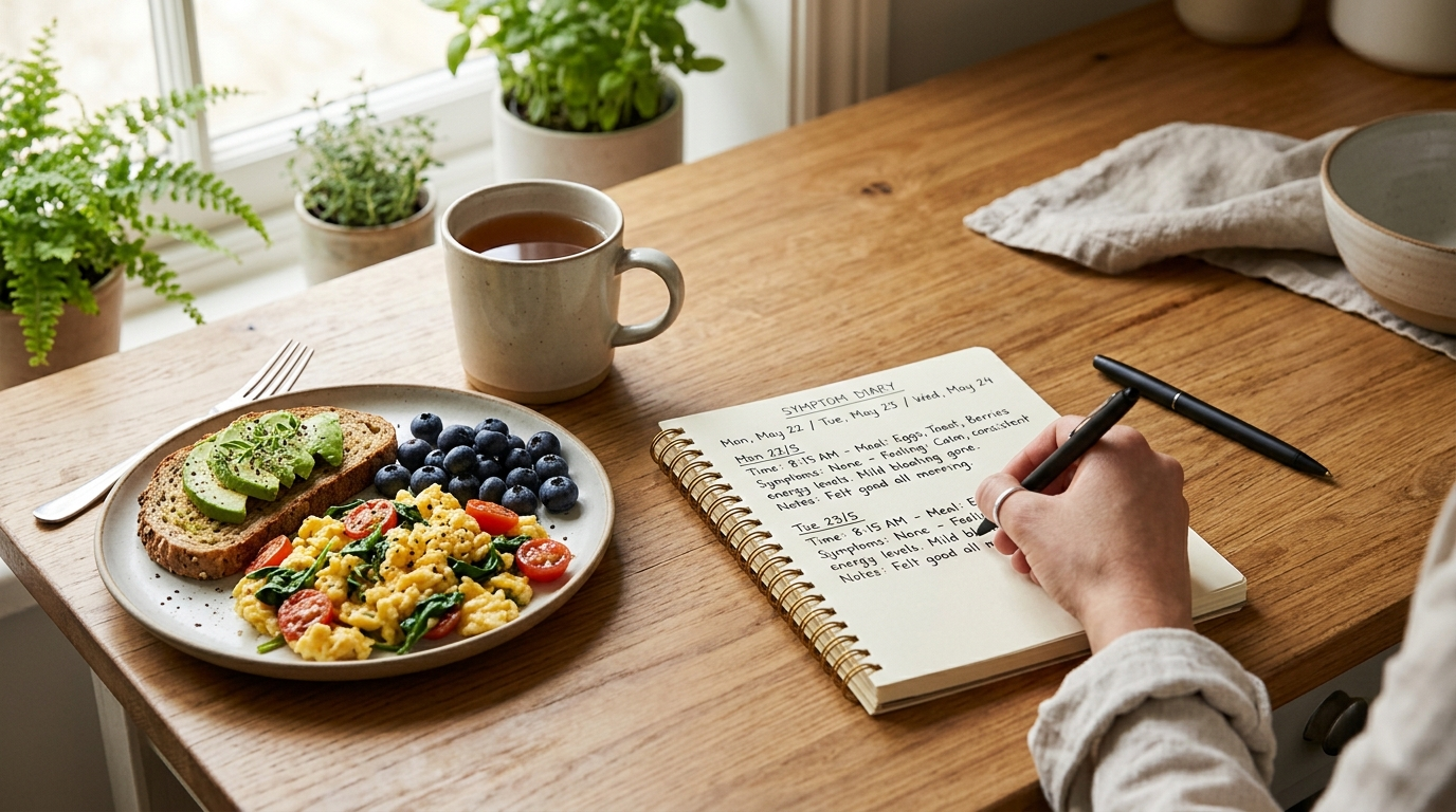 Meal plate beside a symptom diary for tracking stomach pain after eating