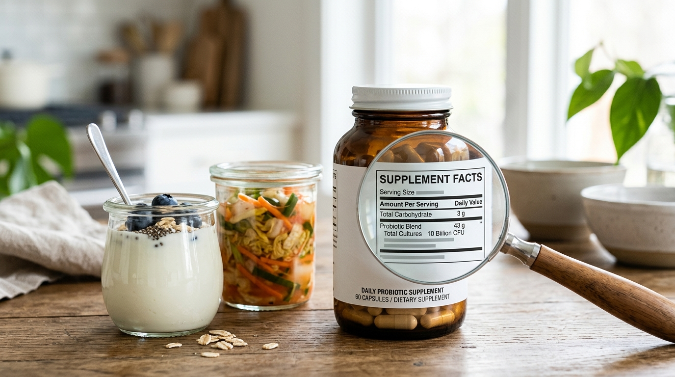Probiotic supplements and fermented foods beside a magnifying glass for comparing strains and labels.