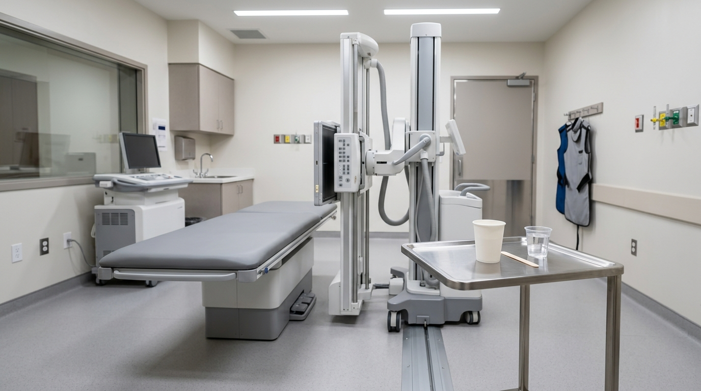Fluoroscopy room and contrast cup prepared for a barium swallow examination