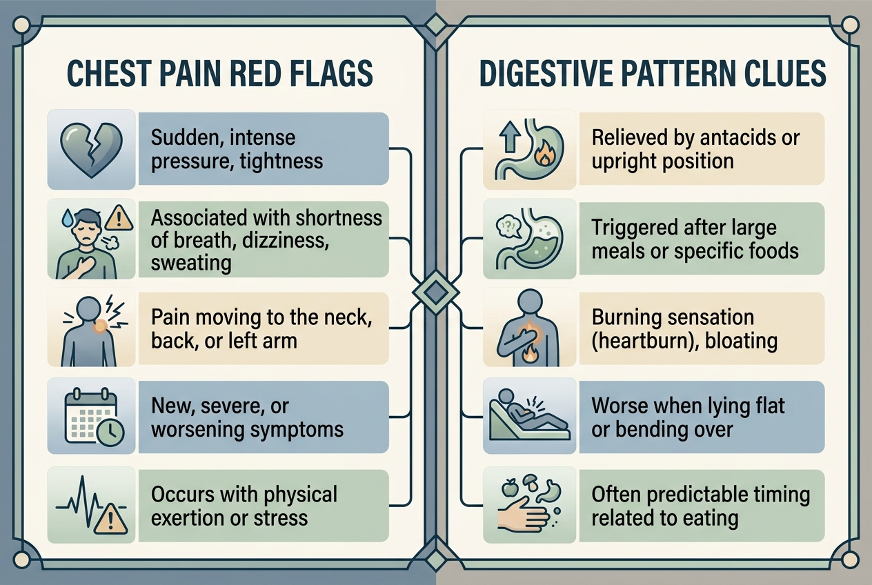 Chest pain checklist comparing urgent red flags with digestive symptom patterns