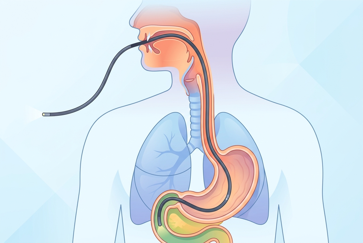 Illustration of an upper endoscope passing through the esophagus while the airway remains separate
