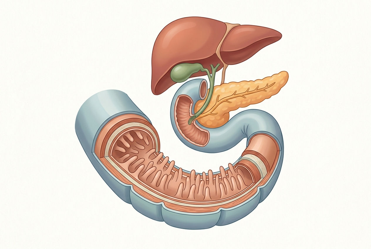 Small intestine receiving digestive secretions from the pancreas, liver, and gallbladder