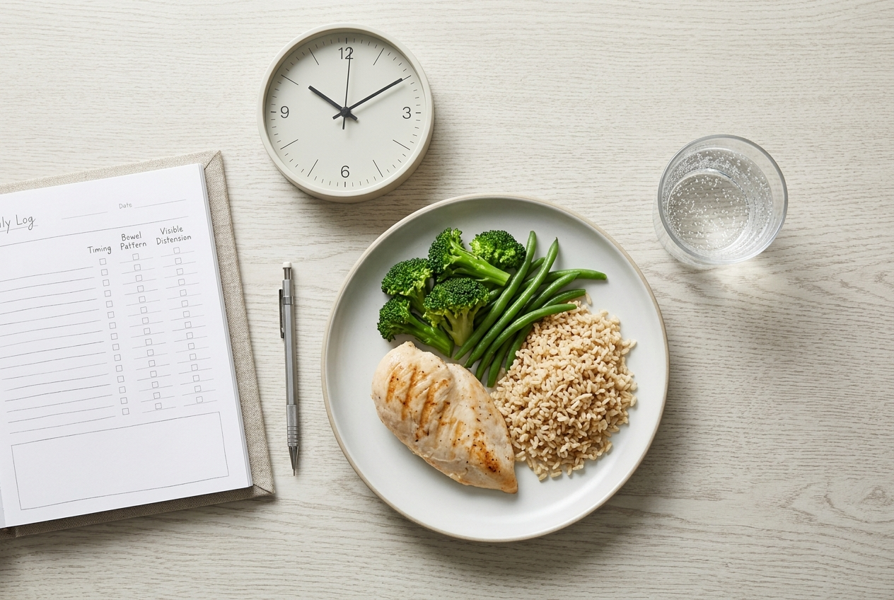 Symptom journal used to track meals, timing, bowel patterns, and abdominal distension.