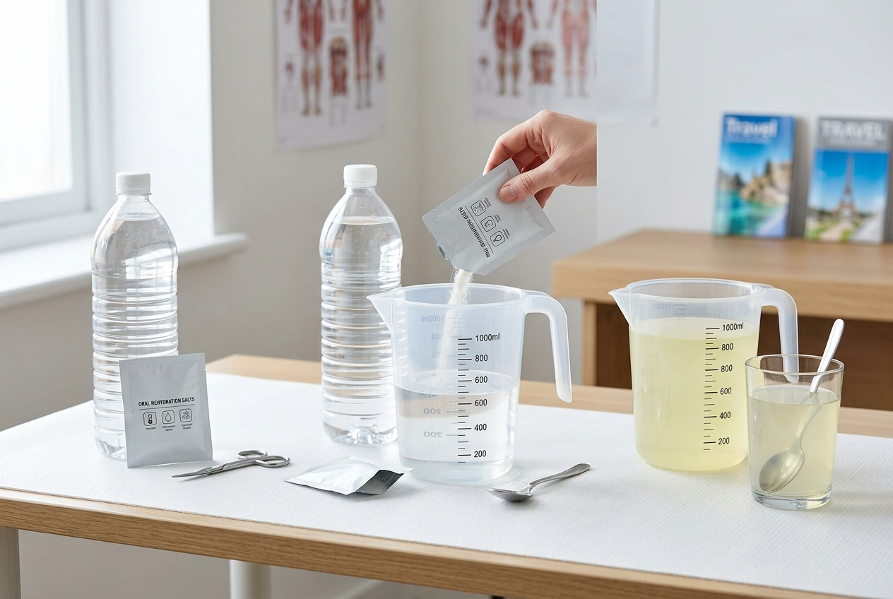 Safe water and oral rehydration supplies arranged for travelers’ diarrhea self-care.