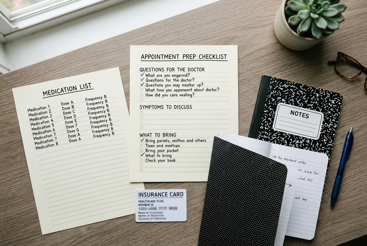 Gastroenterology appointment checklist with medication list, records, insurance card, notebook, and questions