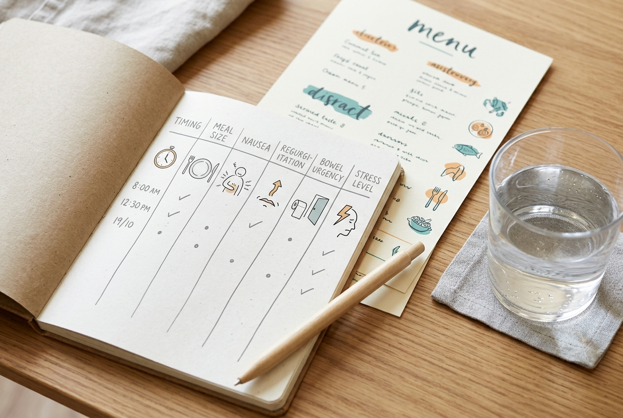 Symptom log for tracking meal timing, nausea, regurgitation, and bowel changes during social events.